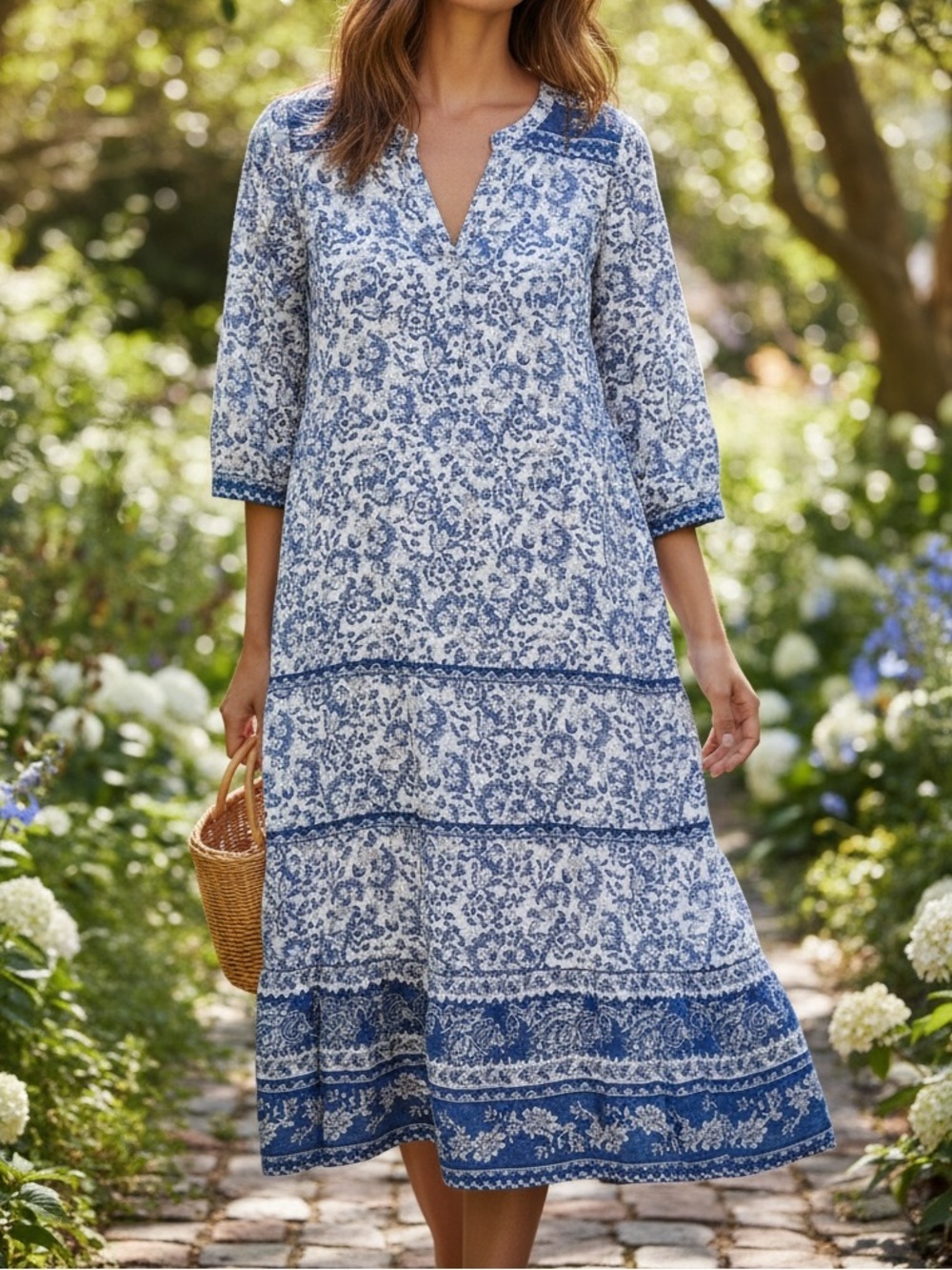 J. Jill Blue White Floral Cotton Tiered Boho Maxi Dress M